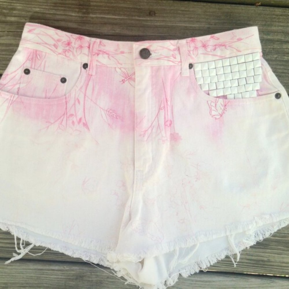 Vintage Hand Studded High Waisted Jean Shorts Festival Floral Pink White Ombre
